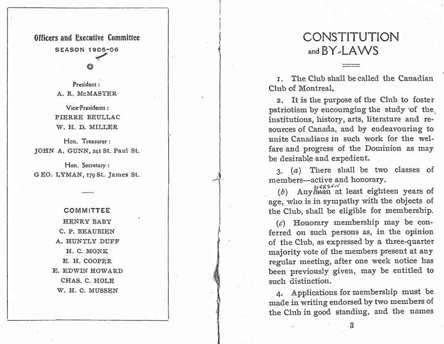 Constitution of Canadian Club of Montreal, 1905 - 1906